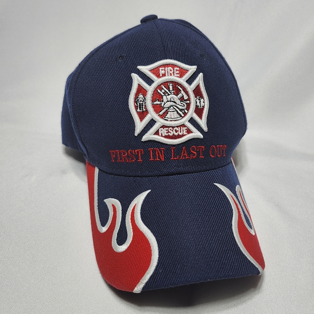 First In Last Out Fire Department Rescue EMS Flame Cap Hat Adult Adjustable